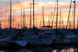 King Harbor boats at sunset